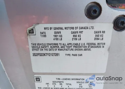 2000 Pontiac Firebird из США, поврежденный, VIN 2G2FS22K7Y2127261